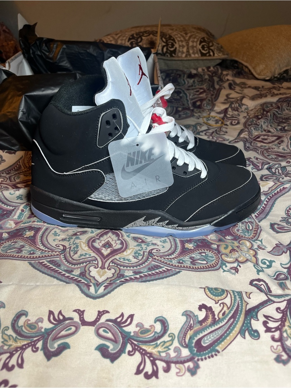Jordan 5 Retro Black/White with Red Tongue Accents